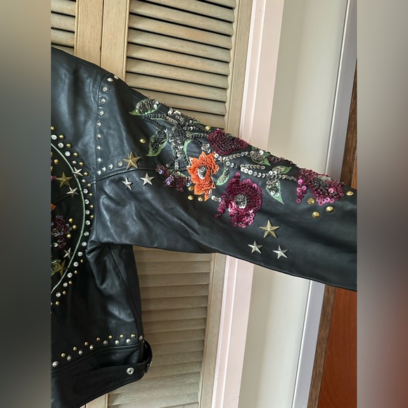 Topshop real leather biker bomber jacket black multi sequin floral studs $560 6 - Picture 8 of 16